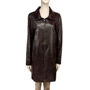 M0851 Genuine Leather Chocolate Brown Stand/Spread Collar Zip Front Long Coat 8